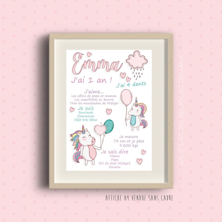 Affiche souvenir de 1 er anniversaire thème Licorne