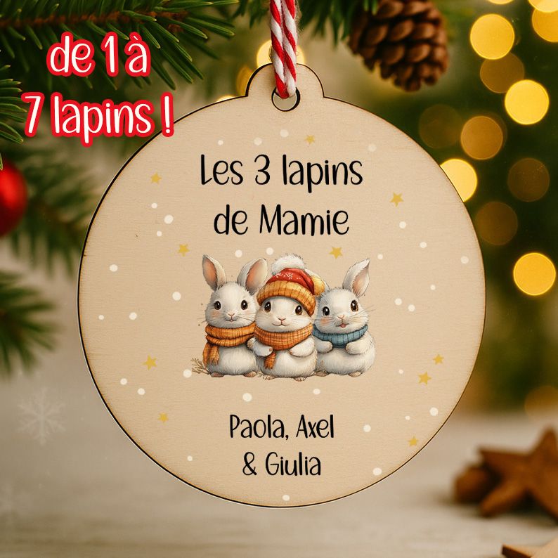 Décoration de Noël personnalisée – Famille de lapins (1 à 7 prénoms)