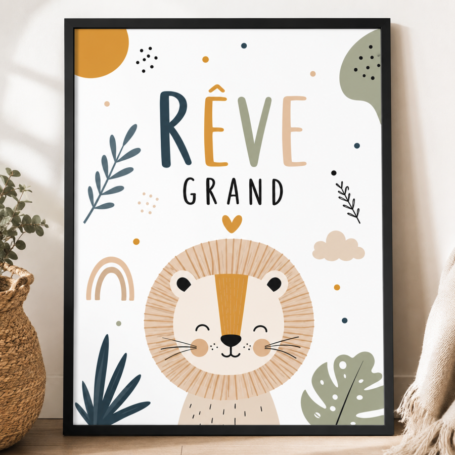 Affiche murale 'Rêve Grand' avec lion | Décoration chambre bébé et enfant