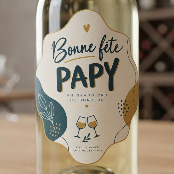 Étiquette bouteille vin Bonne fête Papy – Cadeau Fête des grands-pères – Sticker vin 13x10 cm – Décoration bouteille grand-père