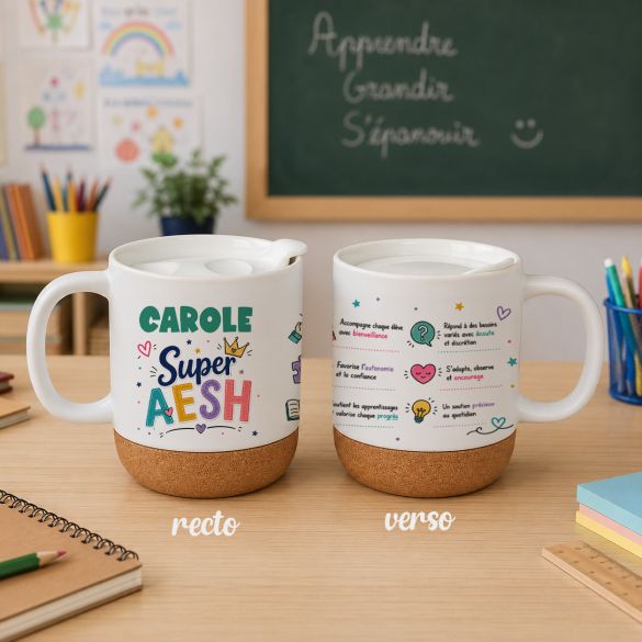 Mug base liège personnalisé avec prénom pour Super AESH | Idée cadeau fin année scolaire