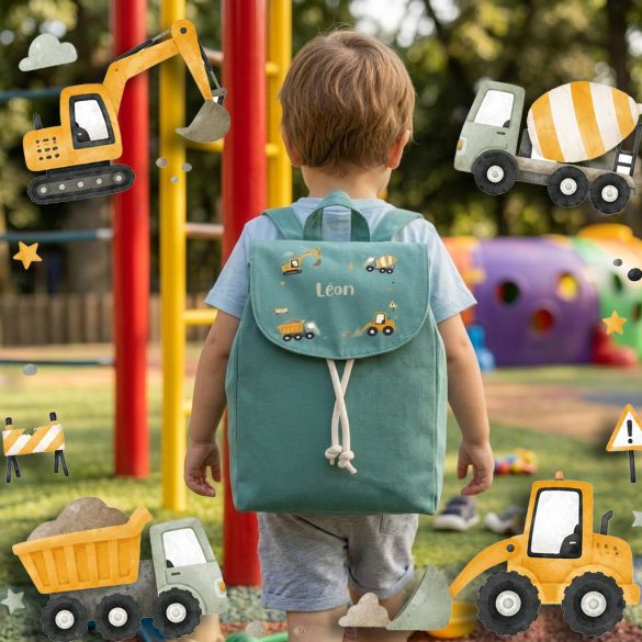 Sac à dos enfant personnalisé en coton bio modèle Chantier, idéal pour la crèche et la maternelle