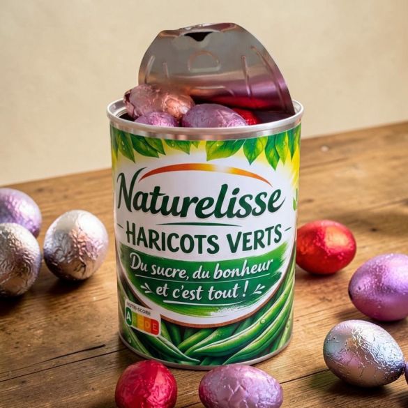 Boîte surprise de conserve de haricots verts avec chocolats de Pâques