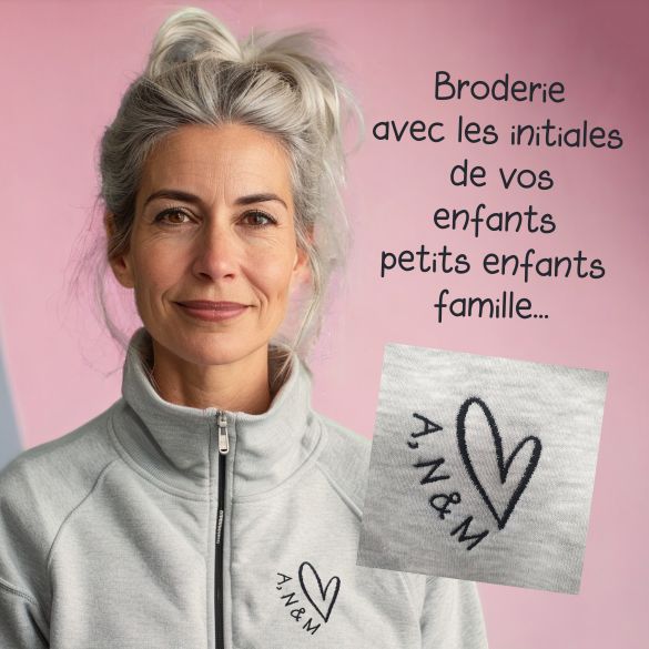 Sweat veste à zip gris chiné avec broderie  | Fête des mères | Fêtes des grand-mères