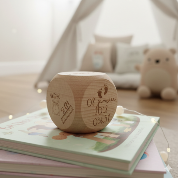 Gros cube / dé de naissance personnalisé en bois