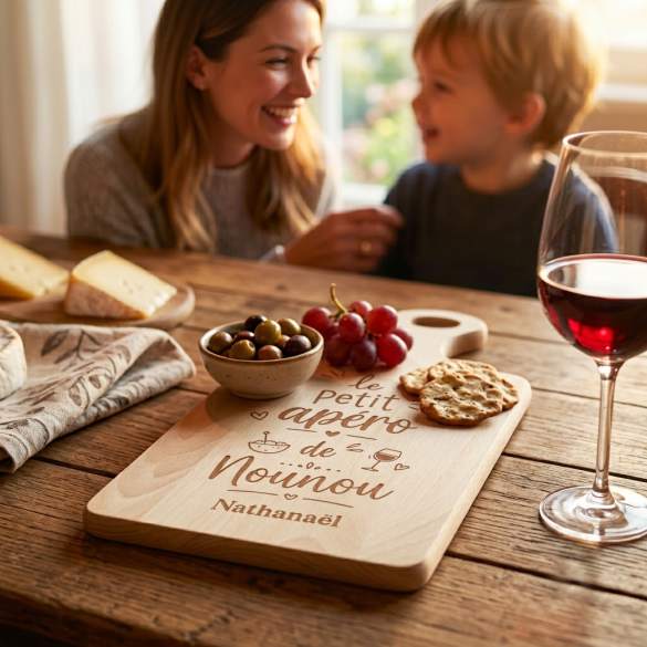 Planche à découper en bois personnalisée « Le petit apéro de Nounou » | Cadeau apéro gravé avec prénom de l'enfant