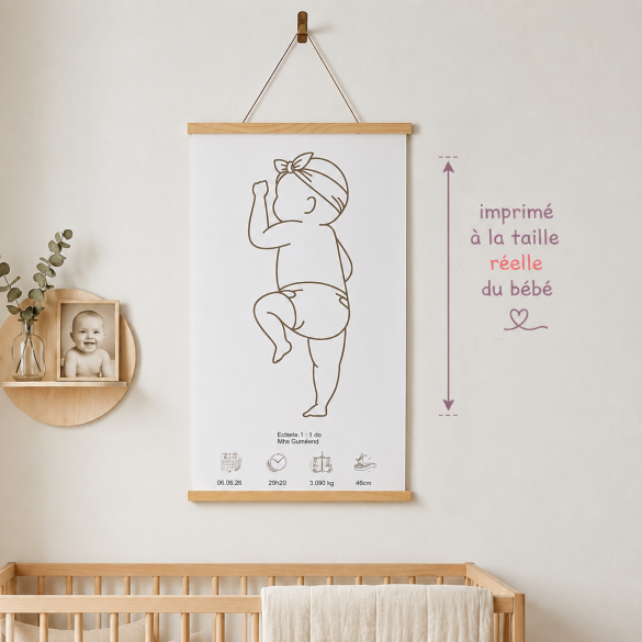 Affiche Naissance Taille Réelle Bébé Personnalisée – Echelle 1:1 avec Prénom et Détails de Naissance