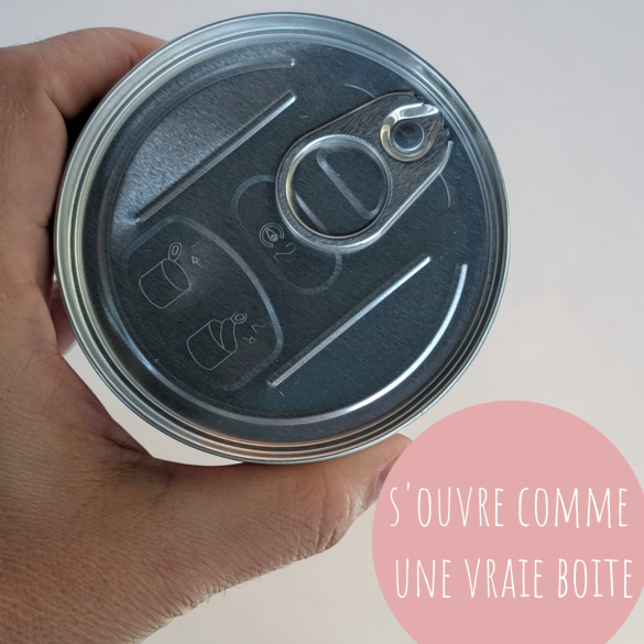 Boîte surprise  VIDE au format conserve de haricots, idéale pour offrir un cadeau original et créer un effet surprise unique.