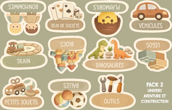 Stickers rangement jouets enfant | Étiquettes bacs illustrées | Organisation chambre | Style doux Montessori Trofast