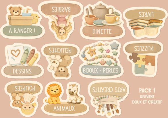 Stickers rangement jouets enfant | Étiquettes bacs illustrées | Organisation chambre | Style doux Montessori Trofast