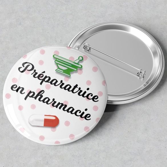 Badge Préparatrice en pharmacie à épingle fond à pois