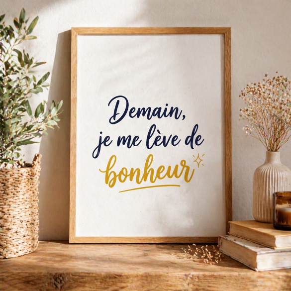 Affiche murale Jeu de mots "Demain je me lève de bonheur" | Décoration intérieure