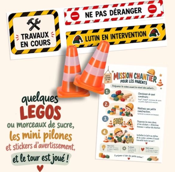 Kit chantier Lutin Farceur Noël – Panneaux Travaux en Cours – Stickers signalétique – Accessoires bêtises lutin – Enfant