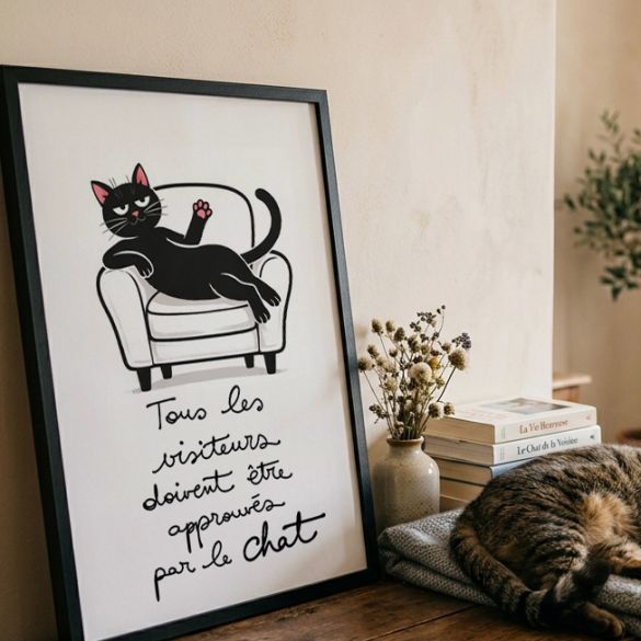Affiche murale chat humoristique – Tous les visiteurs doivent être approuvés par le chat