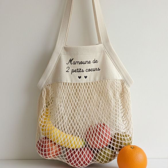 Sac filet personnalisé coton bio brodé – Cadeau Mamie original – Sac courses réutilisable