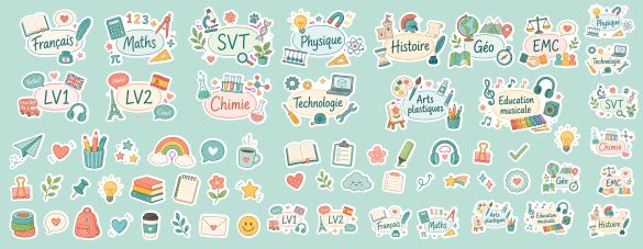 65 stickers cahier matières scolaires, autocollants école, stickers agenda, fournitures scolaires, décoration cahier collège lycée