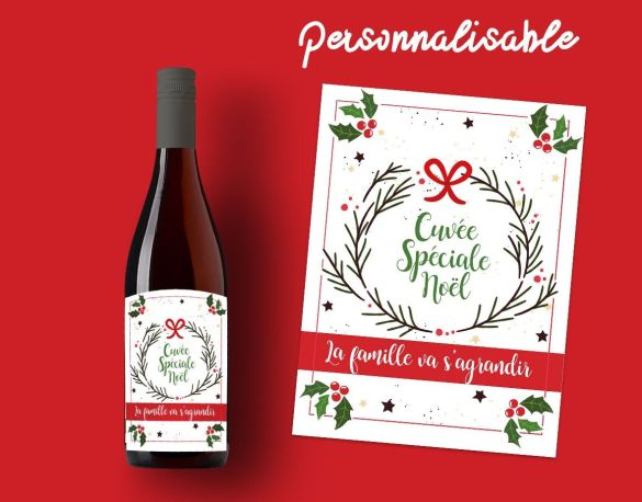 Etiquette personnalisable bouteille vin Spécial Noël|annonce grossesse