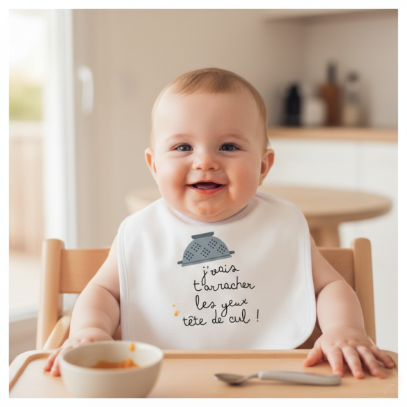 Bavoir humoristique "J'vais t'arracher les yeux tête de cul"