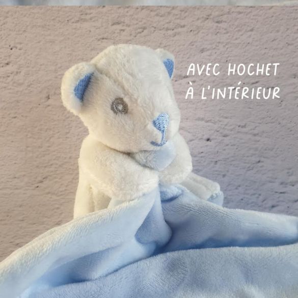 Doudou hochet personnalisé Ours bleu