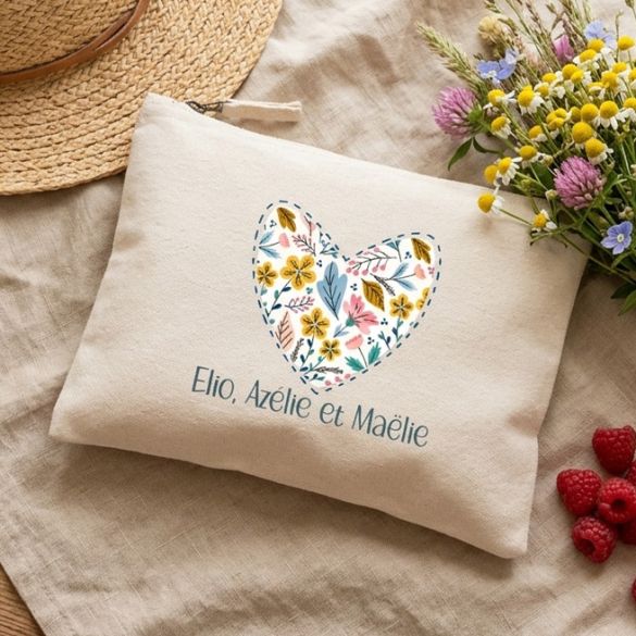Pochette coton zippée personnalisée cœur fleuri – cadeau fête des mères