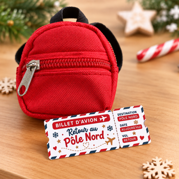 Kit départ lutin farceur Noël – Sac à dos + billet avion retour Pôle Nord + lettre – Accessoires lutin tradition de Noël enfant