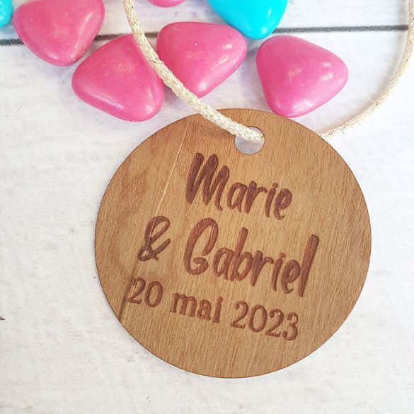 Etiquettes dragées papier de bois baptême /mariage Ronds