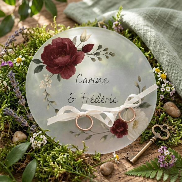 Plateau porte alliances mariage satiné imprimé | Modèle Pivoines