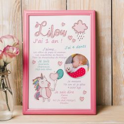 Affiche souvenir de 1 er anniversaire thème Licorne avec photo