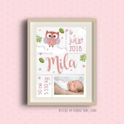 Affiche de naissance personnalisée à encadrer - Chouette