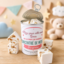 Boite de conserve remplie de Nougats (150g) 'Concentré de Mercis" | Cadeau original Maître - Maîtresse - Atsem