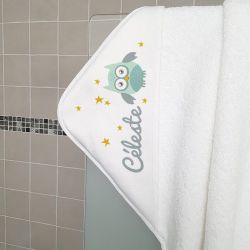 Cape de bain personnalisée en éponge | pour enfant | avec prénom | modèle Chouette