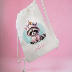 Sac de sport enfant personnalisable Raton laveur déguisé en licorne