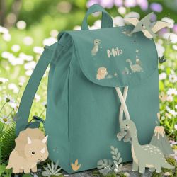 Sac à dos enfant personnalisé en coton bio modèle Dinosaure, idéal pour la crèche et la maternelle