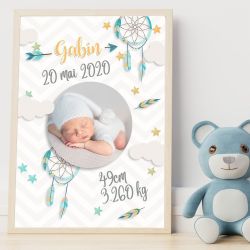 Affiche de naissance personnalisée Attrape rêves bleu