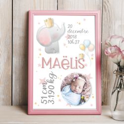 Affiche de naissance personnalisée Eléphant rose