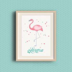 Affiche Flamand rose tropical personnalisée pour chambre d’enfant avec prénom