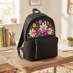 Sac à dos école enfant personnalisé avec prénom | Power Flower - Couleur noir grand 18L