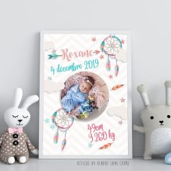 Affiche de naissance personnalisée Attrape rêves rose