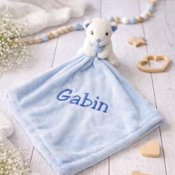 Doudou hochet personnalisé Ours bleu