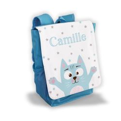 Sac à dos pour enfant personnalisé avec prénom modèle Chat bleu