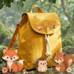 Sac à dos enfant personnalisé en coton bio modèle Animaux de la fôret, idéal pour la crèche et la maternelle