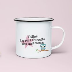 Tasse émaillée personnalisable Chouette maîtresse / nounou /atsem