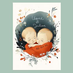 Affiche ou Plaque alu murale de Naissance Jumeaux Personnalisée - Calligraphie Artisanale à la Main -Décoration murale Tableau naissance