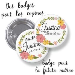 Badges EVJF rond grand format en métal - modèle Justine fleuri