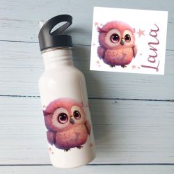 Gourde ou bouteille personnalisée pour enfant modèle Chouette rose