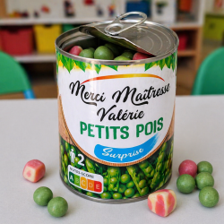 Boite de conserve remplie de bonbon Petits pois | Merci Maîtresse