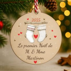 Suspension personnalisée en bois – Premier Noël de M. & Mme – Décoration sapin