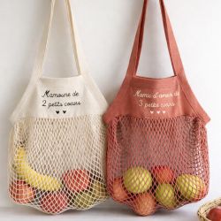 Sac filet personnalisé coton bio brodé – Cadeau Mamie original – Sac courses réutilisable