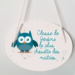 Plaque porte personnalisable - Chouette bleue - salle de classe