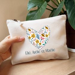 Pochette coton zippée personnalisée cœur fleuri – cadeau fête des mères